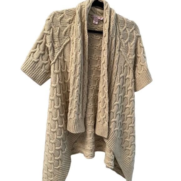 Calypso St. Barth Cable Knit Open Cardigan Short Sleeve Wool Wrap Sweater Tan - Picture 1 of 7